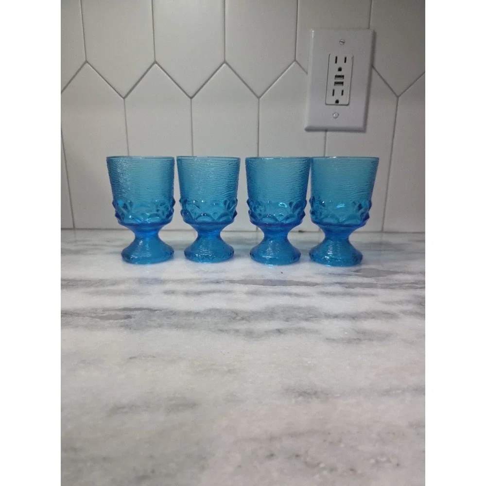 Brockway Glass Co Wine Goblets, Set of 4, Monterey Blue Footed Goblets, Textured
